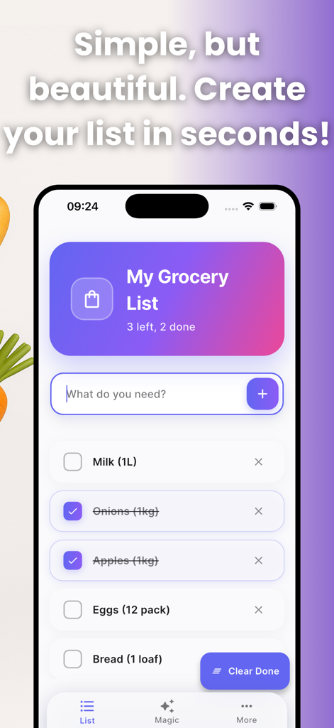 Smartphone screen showing a clean grocery list interface with a checklist of food items