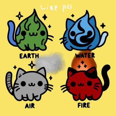 4 cats that represent the different elements, earth, water, air, and fire