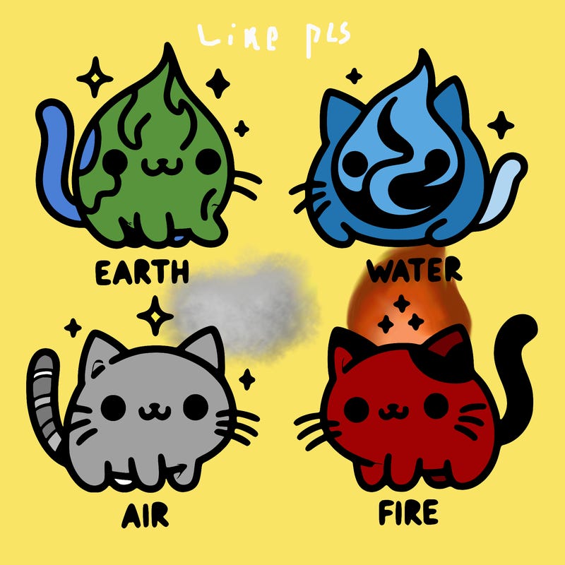 4 cats that represent the different elements, earth, water, air, and fire
