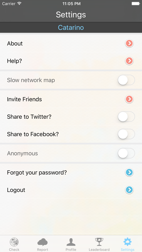 Weddar - Social Weather - Settings screen of the Weddar app showing social sharing and profile management options