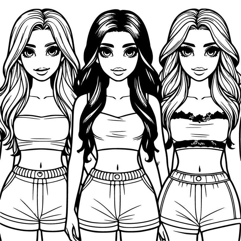 realistic 3 girls in crop tops and shorts with long hair