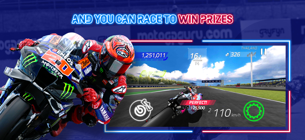 Gameplay of MotoGP Racing '23 showing a professional rider and the opportunity to win real-world prizes.