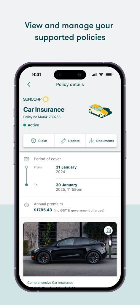 Suncorp Insurance App - App Suncorp Insurance mostrando detalles de la póliza de seguro de automóvil con fechas de prima y cobertura en un iPhone