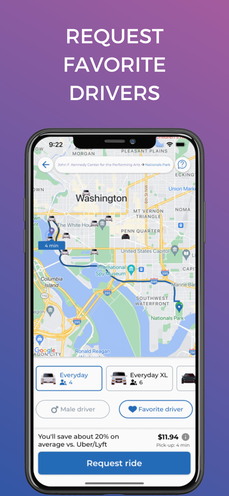 Empower - Your ride, your way - Empower rideshare app interface showing a map of Washington DC and the option to select a favorite driver