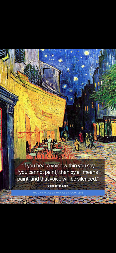 Cita inspiradora de Vincent van Gogh sobre la pintura 'Terraza de café' de Paint and Prosper Magazine.