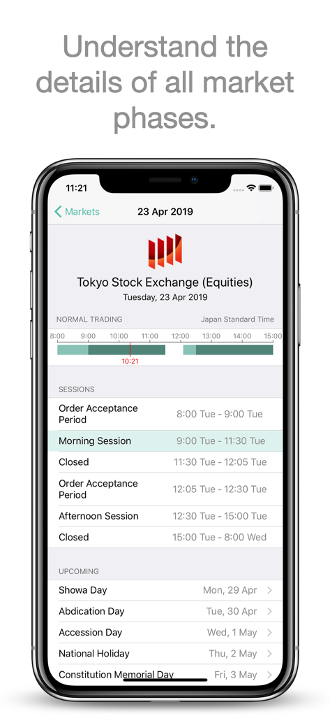 Market Clock - A mobile app screen showing detailed trading phases and upcoming holidays for the Tokyo Stock Exchange.