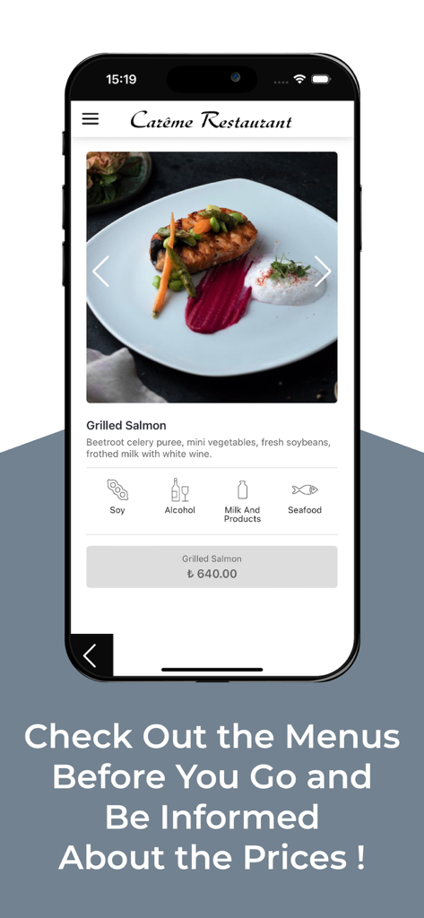 MenuCebimde - MenuCebimde app screen showing a restaurant menu with a grilled salmon dish and its price.