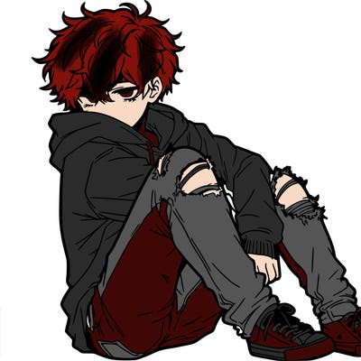a male hoddie ripped jeans messy hair anime