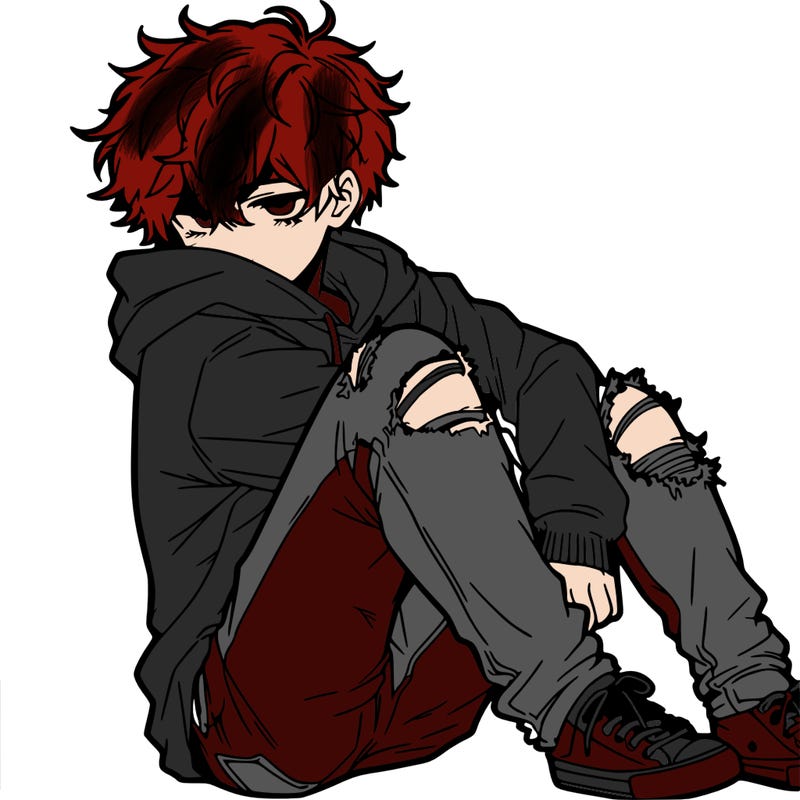 a male hoddie ripped jeans messy hair anime
