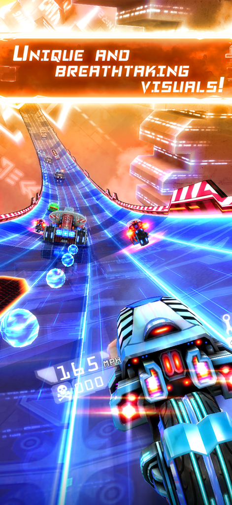 Futuristic motorcycle racing on a neon-lit cyberpunk highway with high-speed visuals.