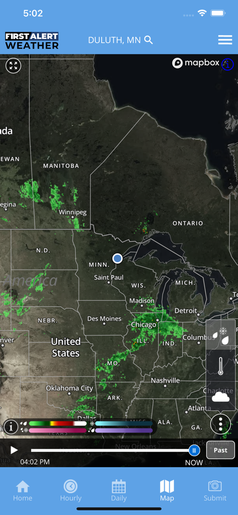 Northern News Now First Alert - A screenshot of the Northern News Now First Alert app displaying a weather radar map of the Duluth, Minnesota region.