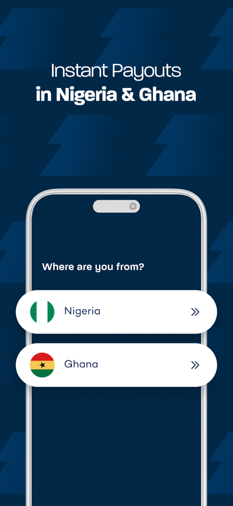 Breet app screen showing instant payout options for Nigeria and Ghana