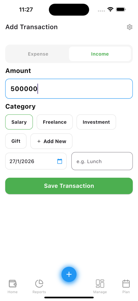 Interfaz para agregar una nueva transacción de ingresos con categorías como salario y freelance en la aplicación Seguimiento de Gastos