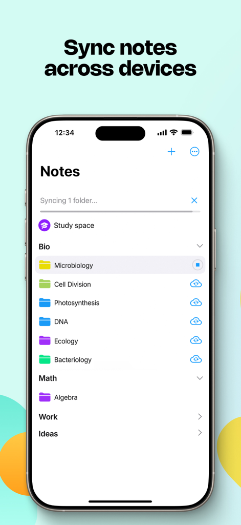 The MyScript Notes app interface on an iPhone showing organized study folders and cross-device syncing functionality