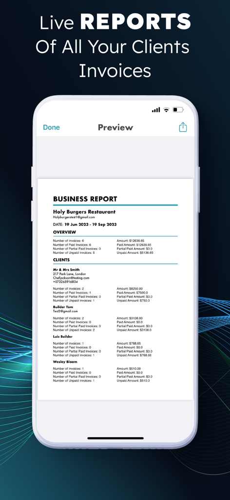 Tela do iPhone mostrando um relatório de negócios detalhado com resumos de faturas de clientes e status de pagamento no App Criador de Faturas Simples.