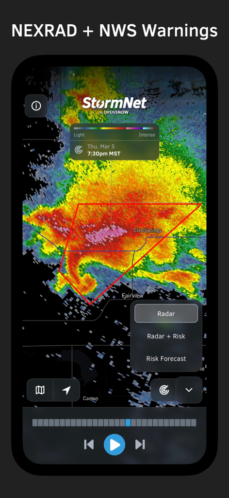 StormNet weather app showing high resolution NEXRAD radar and National Weather Service warnings on a map