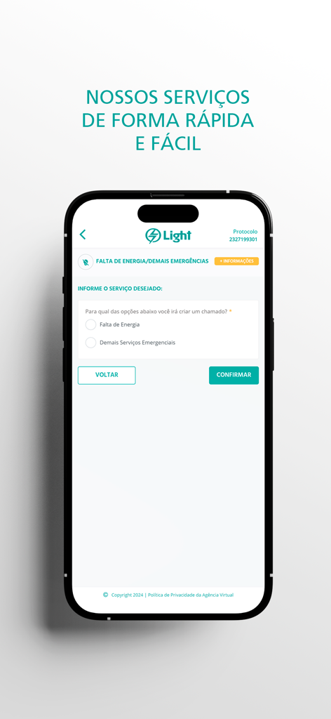 Light - Smartphone displaying the Light app screen for reporting power outages and emergencies in Rio de Janeiro