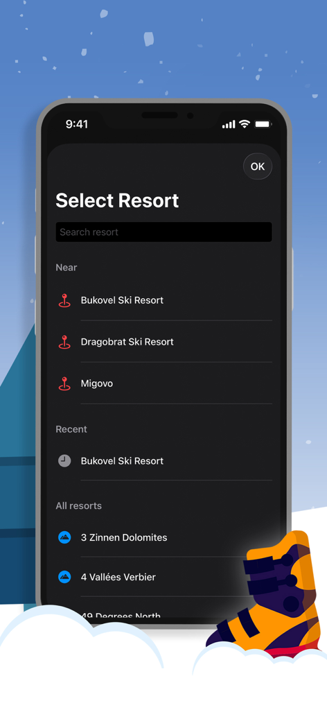 Ski Compass - Écran de sélection de station de l'application Ski Compass montrant une liste des stations de ski à proximité et récentes.