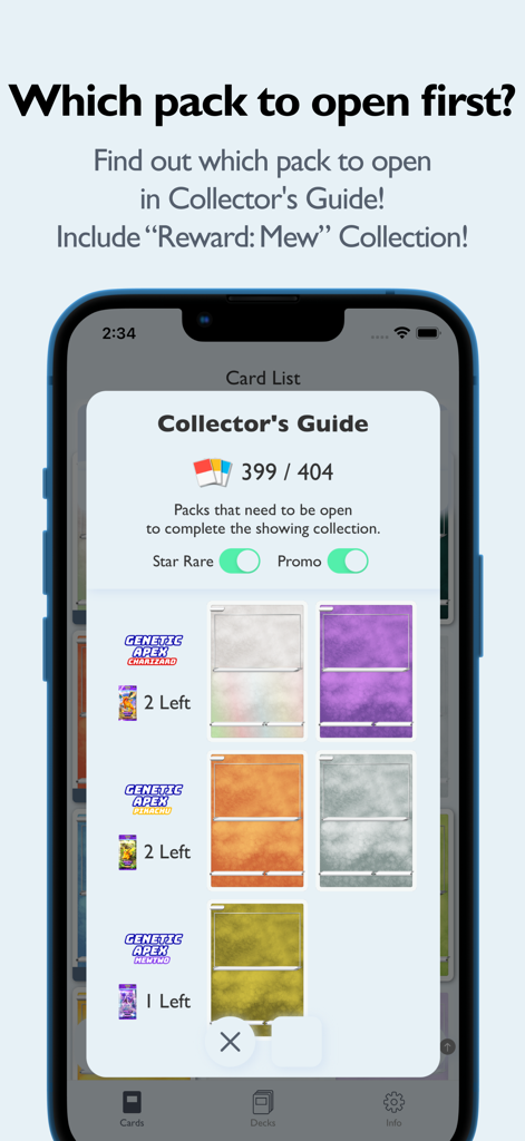 Collector Guide interface showing missing cards and expansion pack recommendations