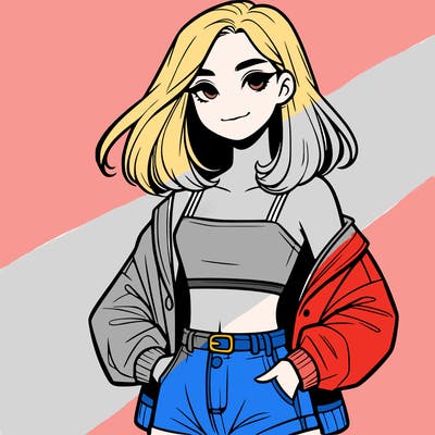 a realistic girl with a crop top and short shorts in an open jacket