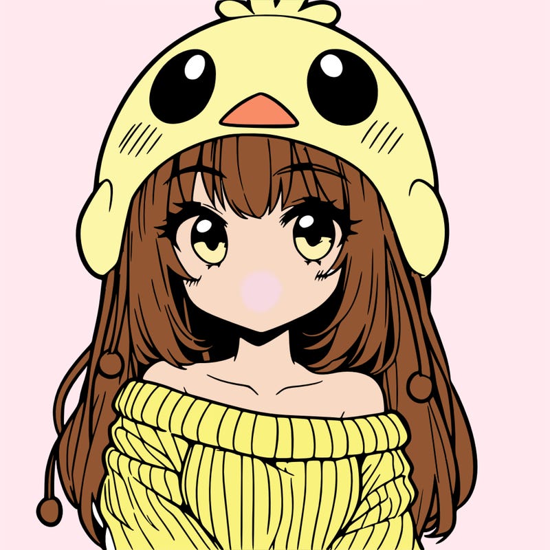 anime girl with chick shaped hat with sweater with bare shoulders with bangs covering them one eye with low tail