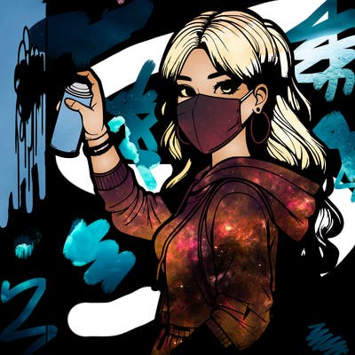 realistic girl with mask spray painting a wall