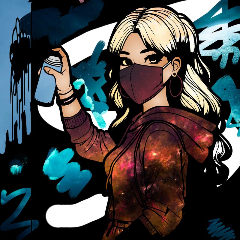 realistic girl with mask spray painting a wall