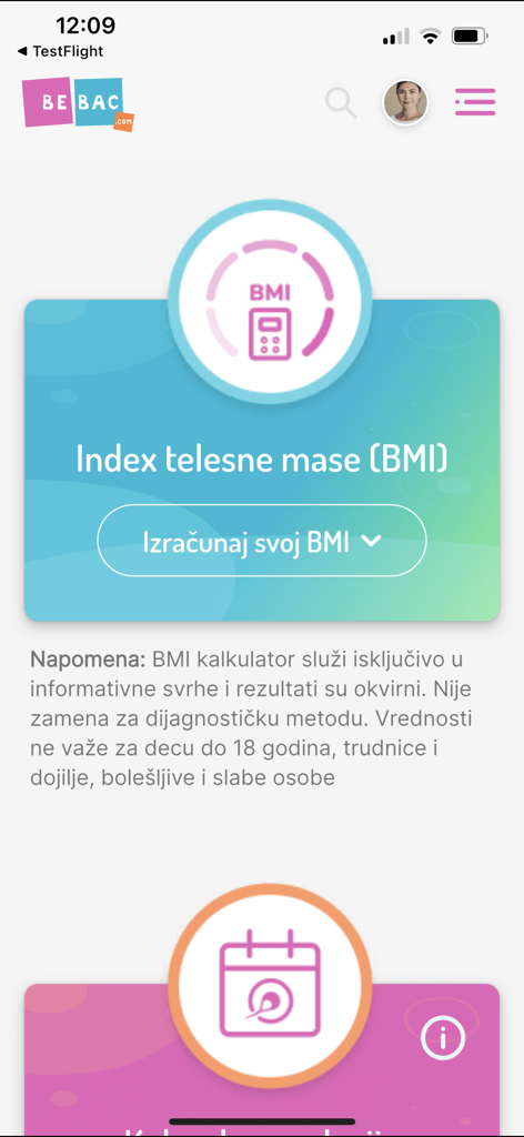 Bebac - Bebac mobile app screenshot showing the BMI calculator feature for parents