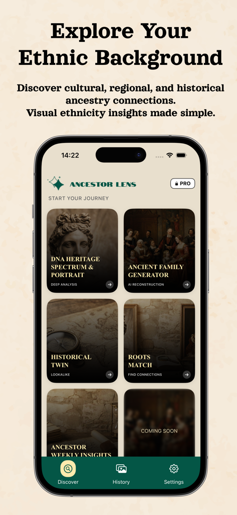 L'écran d'accueil de l'application Ancestor Lens montrant diverses fonctionnalités pour explorer l'origine ethnique et les liens historiques.
