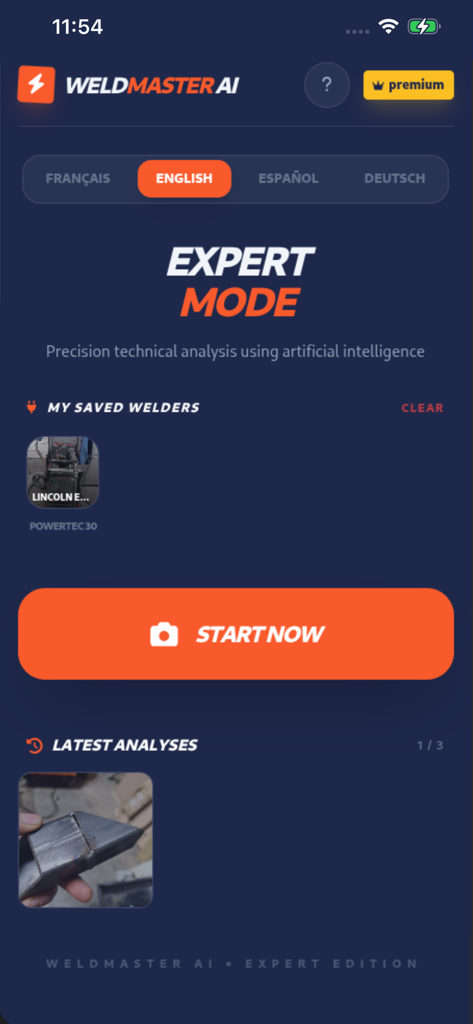 Weldmaster AI - Painel do aplicativo Weldmaster AI exibindo o modo especialista e as configurações salvas da máquina de solda
