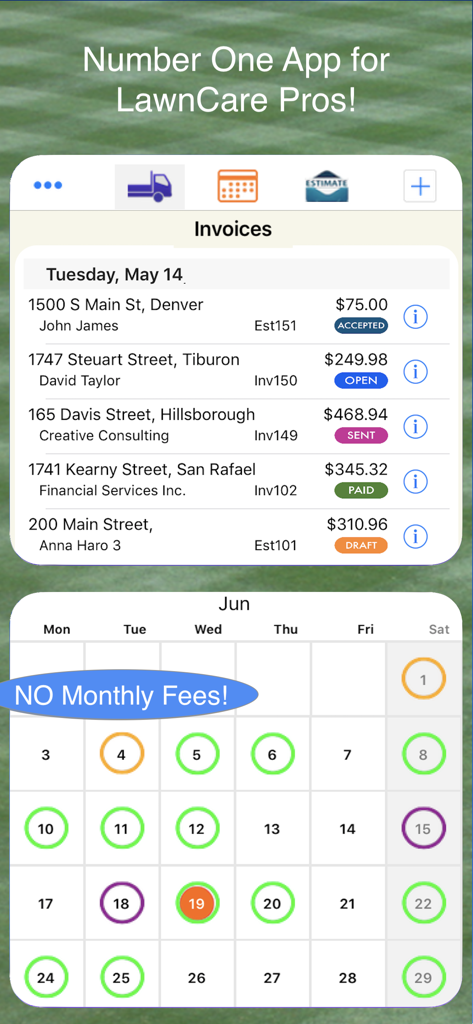 Interface of the LawnCare Pro app showing a list of customer invoices and a service schedule calendar.