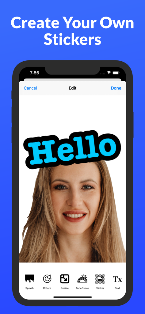 Interface of Sticker Maker app showing a custom sticker being created from a photo with text