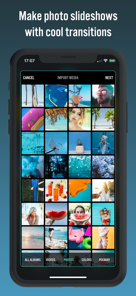 Videorama app interface for making photo slideshows with transitions