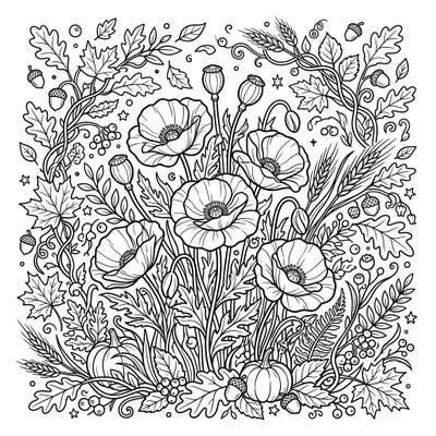 Celebrate the beauty of fall with this intricate coloring page featuring striking red poppies amidst a rich tapestry of autumnal elements. Discover falling leaves, plump pumpkins, and delicate berries, inviting you to create a vibrant harvest masterpiece.