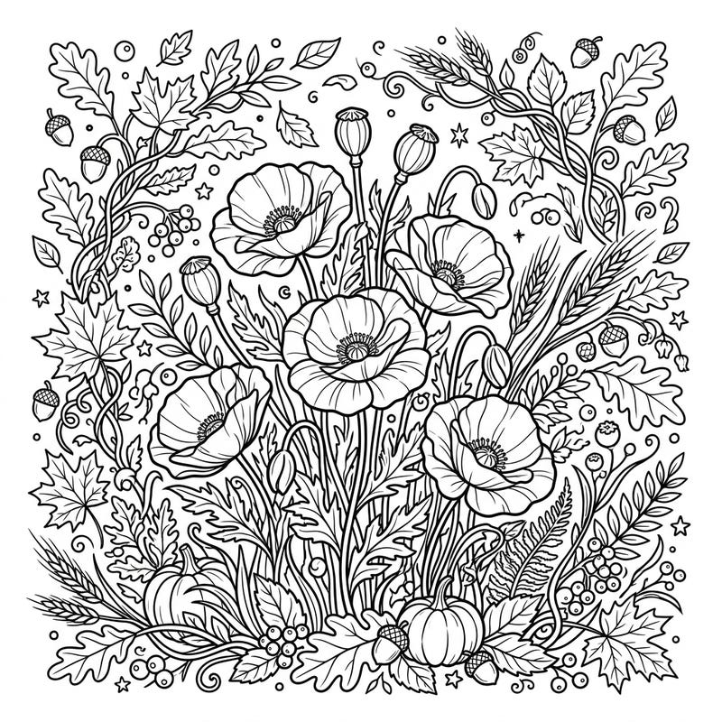 Celebrate the beauty of fall with this intricate coloring page featuring striking red poppies amidst a rich tapestry of autumnal elements. Discover falling leaves, plump pumpkins, and delicate berries, inviting you to create a vibrant harvest masterpiece.