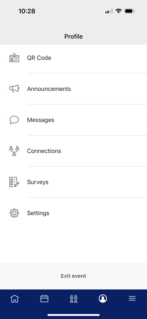 Bank of America Events - Profile screen in the Bank of America Events app displaying menu options like QR code, announcements, messages, and connections.