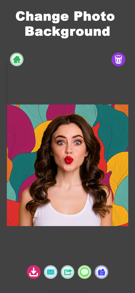 AI Cartoon Photo Maker Zoocy - Interface of Zoocy app showing a woman with a colorful patterned photo background