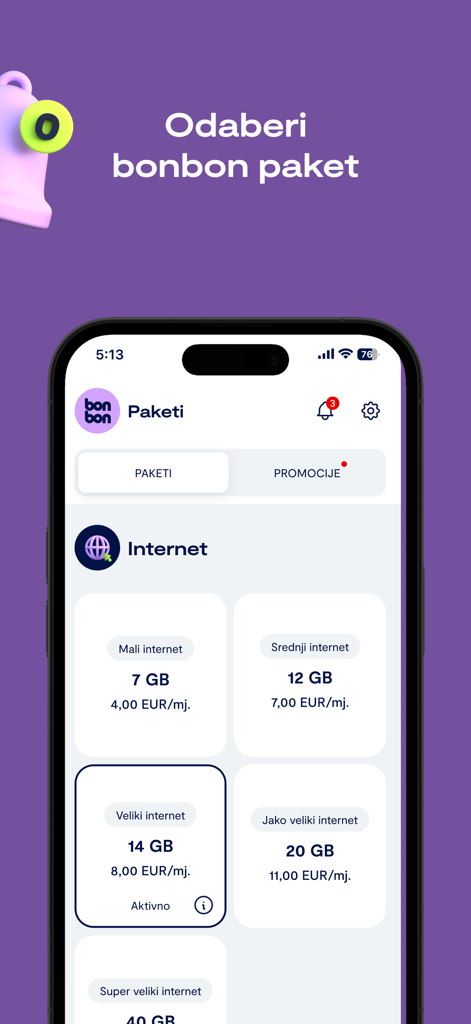 Schermata dello smartphone dell'app Moj bonbon che mostra vari pacchetti dati internet mobile e prezzi in euro