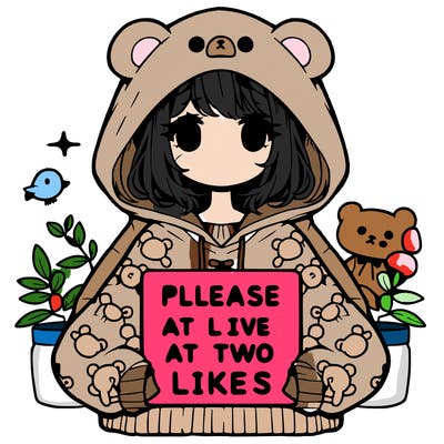 a cute anime faceless girl in an oversized hoodie that has bears on it and has her hood on her head with a little birdy next to her and she is holding a sign saying please give at least two likes