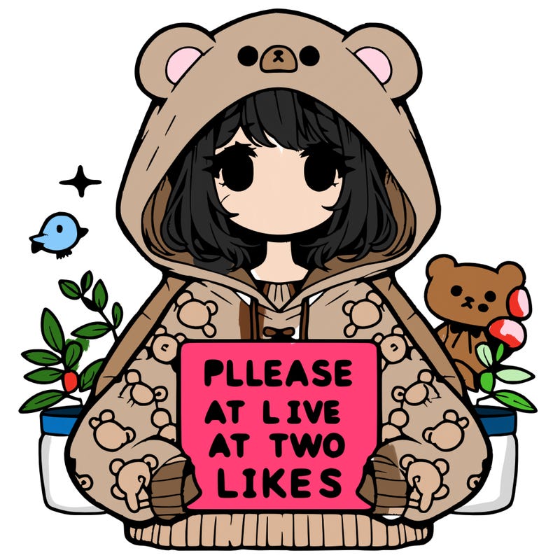 a cute anime faceless girl in an oversized hoodie that has bears on it and has her hood on her head with a little birdy next to her and she is holding a sign saying please give at least two likes