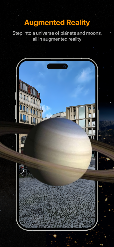 Un modelo 3D de Saturno con anillos mostrado en un entorno urbano a través de realidad aumentada