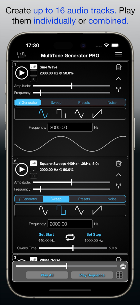 MultiTone Generator PRO - MultiTone Generator PRO app interface showing multiple audio tracks with sine wave and frequency sweep settings