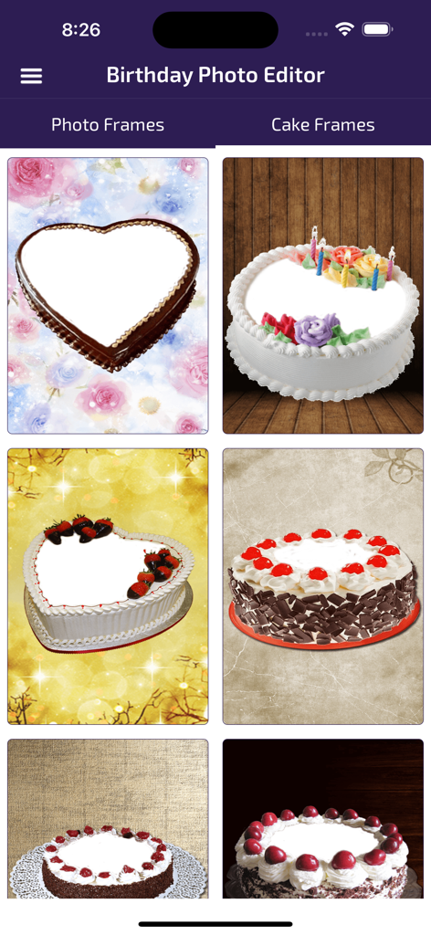 Birthday Photo Frames - Editor - Una galería de varios marcos de pasteles de cumpleaños para fotos personalizadas