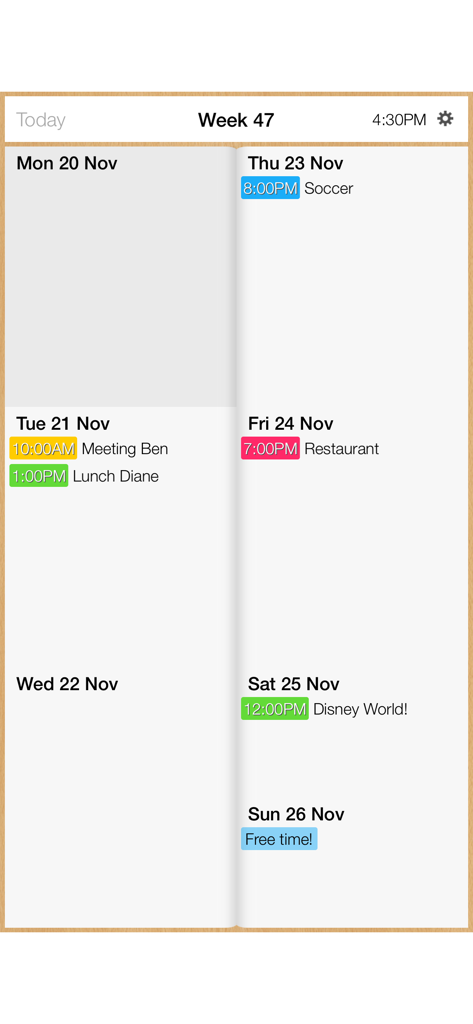 Interface minimalista de visão geral semanal do aplicativo Week Calendar plus mostrando eventos diários codificados por cores.