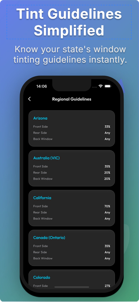 Window Tint Meter – VLT Meter - 다양한 주 및 지역의 윈도우 틴트 VLT 법적 요구 사항을 나열하는 모바일 앱 화면