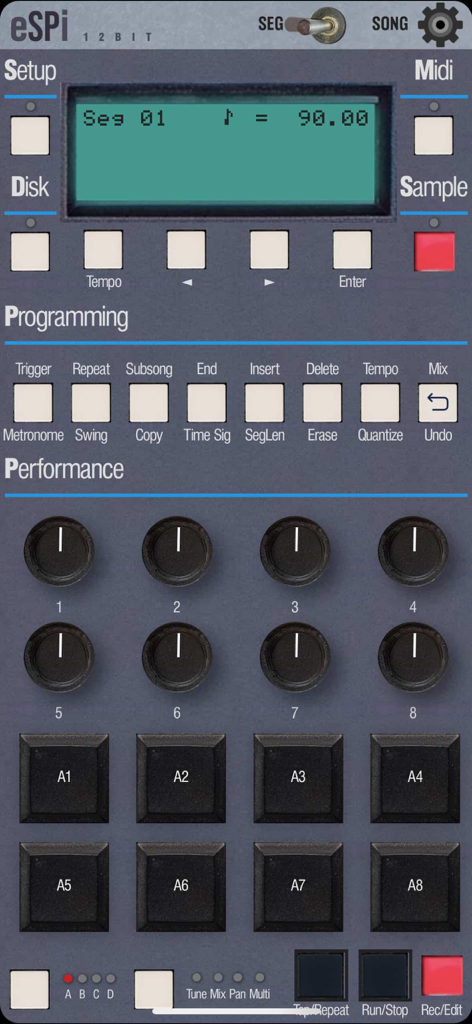 eSPi - Interfaccia utente dell'app eSPi che mostra un emulatore di campionatore vintage a 12 bit con pad di batteria e manopole di controllo