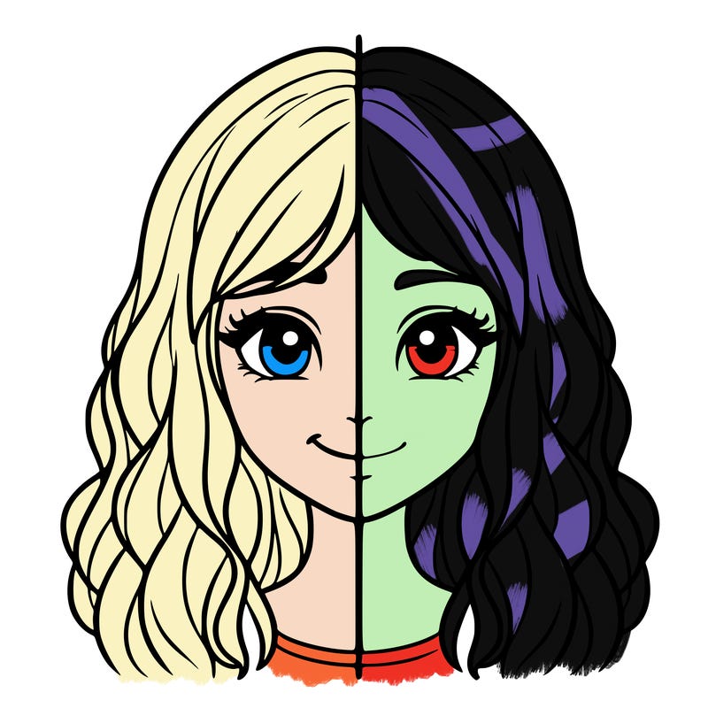 a line in a middle of a realistic girls face, one side smiling one not