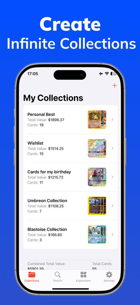 Uma tela de aplicativo móvel mostrando coleções de cartas de Pokémon categorizadas com seus valores totais de mercado e contagens de cartas