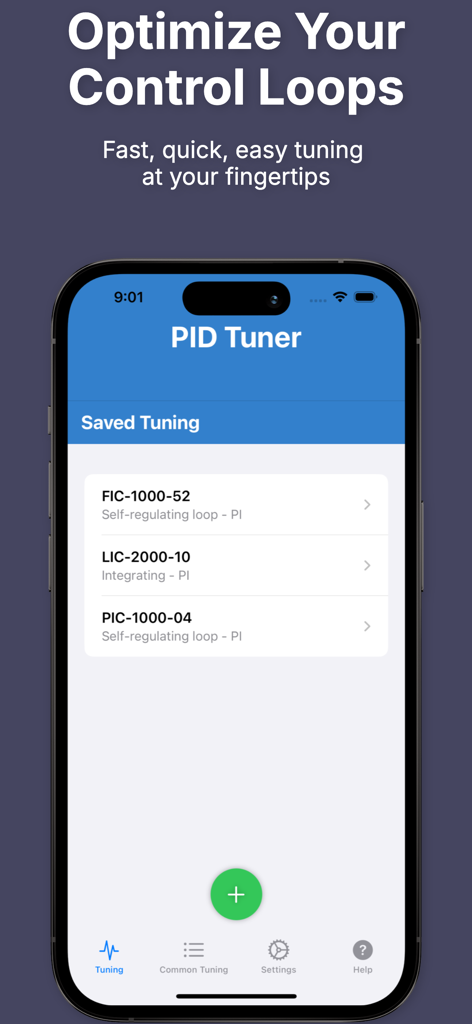PIDTuner - PIDTuner app interface showing a list of saved PID control loop tuning configurations for industrial automation