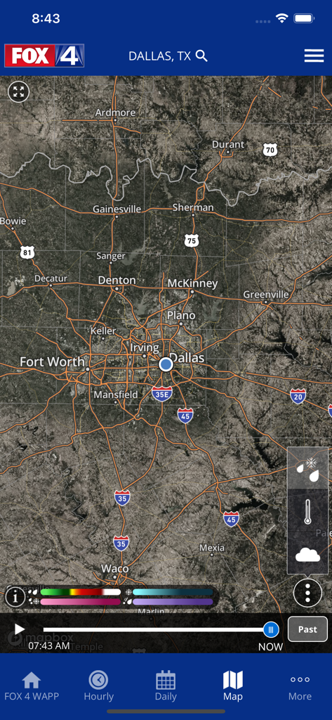 Interactive weather radar map of the Dallas-Fort Worth area in the FOX 4 weather app